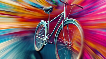 Fototapeta premium Vintage bicycle riding fast on colorful abstract background celebrating national bicycle month