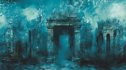 A panoramic vista of an underwater temple, shrouded in mystery. Underwater Temples. Illustration
