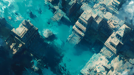 Aerial view of the city of atlantis submerged in a turquoise sea, its temples and towers visible through the crystal-clear water. a fantastical and serene scene. Underwater Temples. Illustration