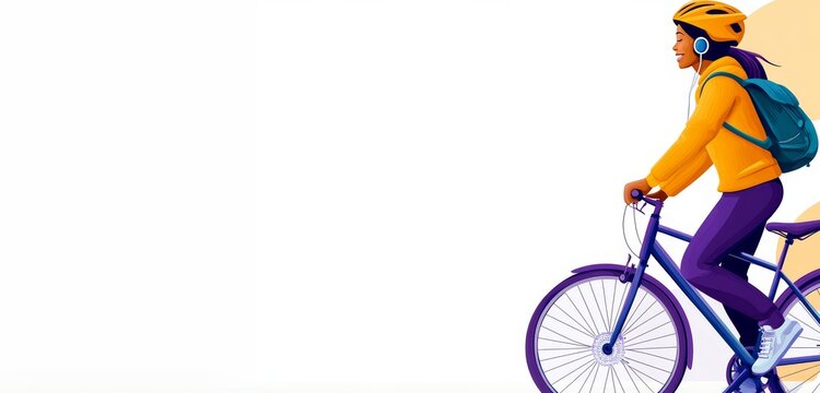 Student riding bicycle and listening to music during national bicycle month - Powered by Adobe