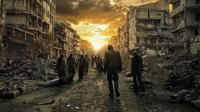 Intense medium tracking shot showcasing a post-apocalyptic world filled with corpses and devastation after a zombie invasion.