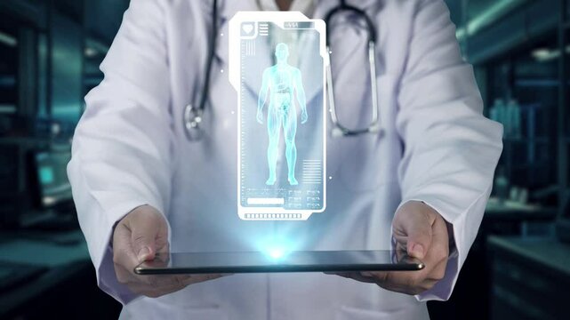 Close up of doctor sending tablet with human anatomy hologram floating at laboratory with blurring background. Medical worker holds tablet and examines HUD dashboard whole body. Technology. Remedial.