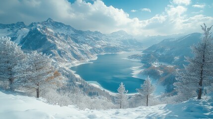 A serene winter landscape featuring a tranquil lake surrounded by snow-covered mountains.
