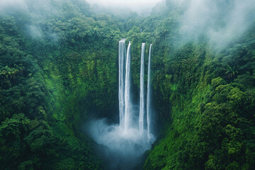 Fototapeta premium Waterfall cascading down lush jungle landscape, surrounded by dense green foliage and mist, creating a serene and picturesque scene.