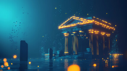 Mysterious underwater temple with glowing lights. Underwater Temples. Illustration