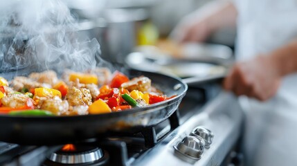 Chef cooking stir-fry in a professional kitchen