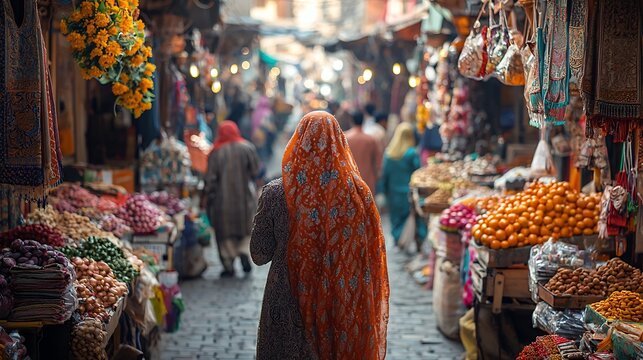 Old Indo Pak marketplace diverse ethnic groups like Punjabi Sindhi Pathan interacting caste differences visible their attire social interactions a vibrant environment with colorful stalls and goods