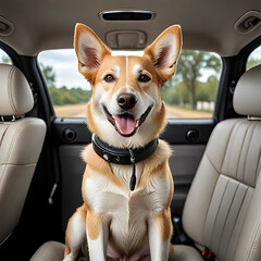 Happy dog inside a car seat.