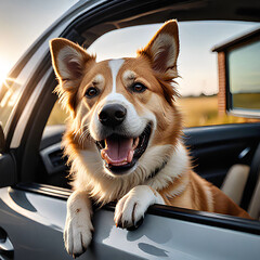 Happy dog on car look out the window.