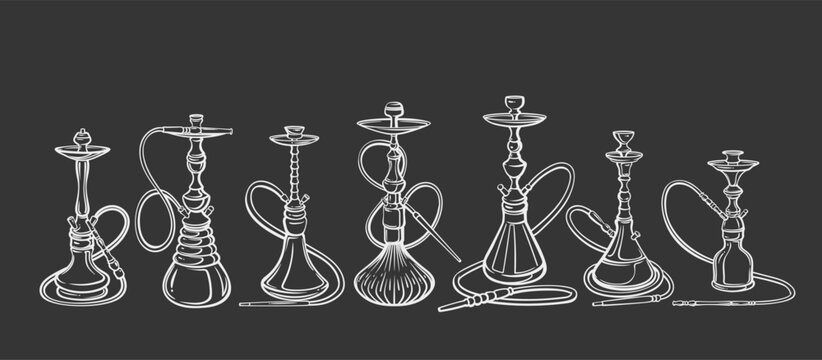 Hookah chalk line icons set on black chalkboard. Outline hand drawn hubbly bubble, nargile, Arabian shisha. Lounge cafe, night club, hookah shop menu in Turkey, icon collection vector illustration