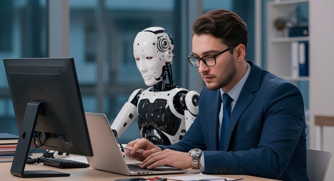 Un hombre de negocios trabajando junto a un cyborg de inteligencia artificial en una oficina, representando el futuro del trabajo y la integraci&oacute;n de la IA en la fuerza laboral.

