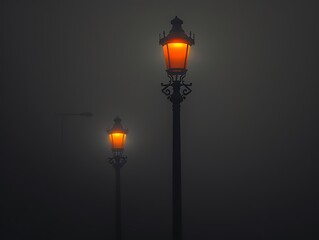 Street lamp isolated on black foggy night, orange top light, minimalist style, low angle, wide-angle lens, shallow depth of field, cinematic quality.