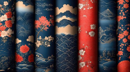 A collection of patterned fabric designs featuring floral and landscape motifs in rich colors.