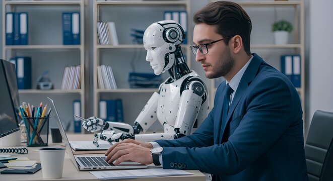 Un hombre de negocios trabajando junto a un cyborg de inteligencia artificial en una oficina, representando el futuro del trabajo y la integraci&oacute;n de la IA en la fuerza laboral.
