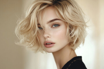 Blonde woman with short hair in black top, smiling at camera in front of city skyline with sunset colors reflecting on glass buildings.