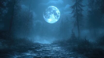 Naklejka premium A serene moonlit forest scene with a glowing full moon illuminating a misty pathway.