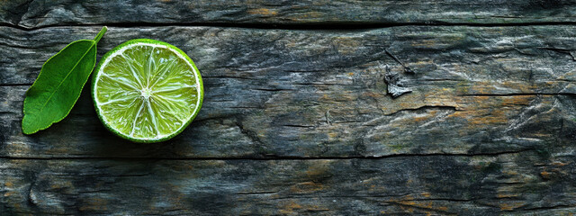 A fresh lime half with a green leaf rests on a textured wooden surface, highlighting the vibrant green against the rustic dark wood.
