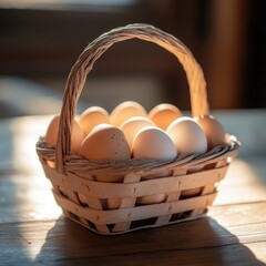 eggs neatly arranged in a wooden basket, softly lit by the morning sun