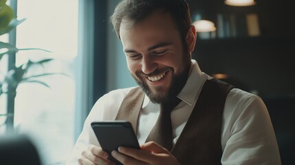 Fototapeta premium Businessman using phone at work, smiling and holding it, reading online. 