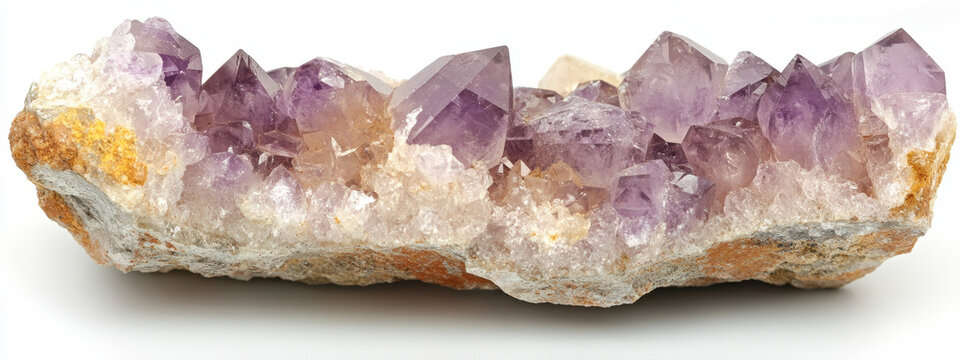 Close-up of an amethyst crystal geode showcasing vivid purple hues and sparkling textures against a white background. - Powered by Adobe