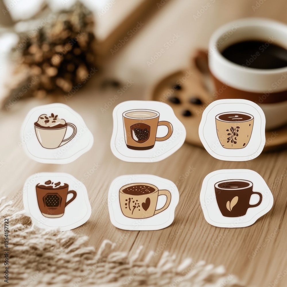 Poster unique style stickers featuring various coffee cups and beans designed for coffee lovers and enthusi