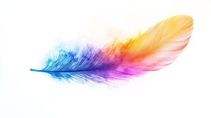 Colorful peacock feather displayed against an isolated white backdrop. 