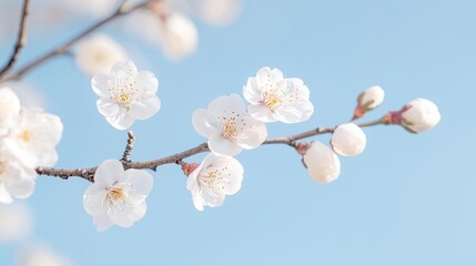 White plum blossoms on branch, spring sky.  Use Spring greeting card