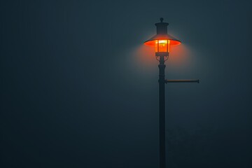 Street lamp on pole, black background, foggy night, orange light from top, minimalist style, low angle, wide-angle lens, shallow depth of field, dark cinematic mood.