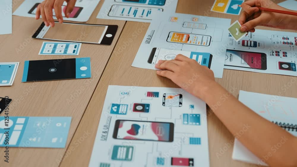 Poster panorama video of startup ux developer or company employee design user interface or ui prototype for
