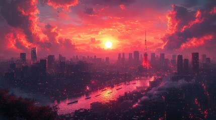 Obraz premium A vibrant sunset over a city skyline, featuring a river and towering buildings.