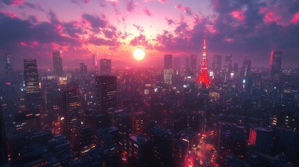 Fototapeta premium A vibrant sunset over a city skyline featuring tall buildings and a prominent tower.