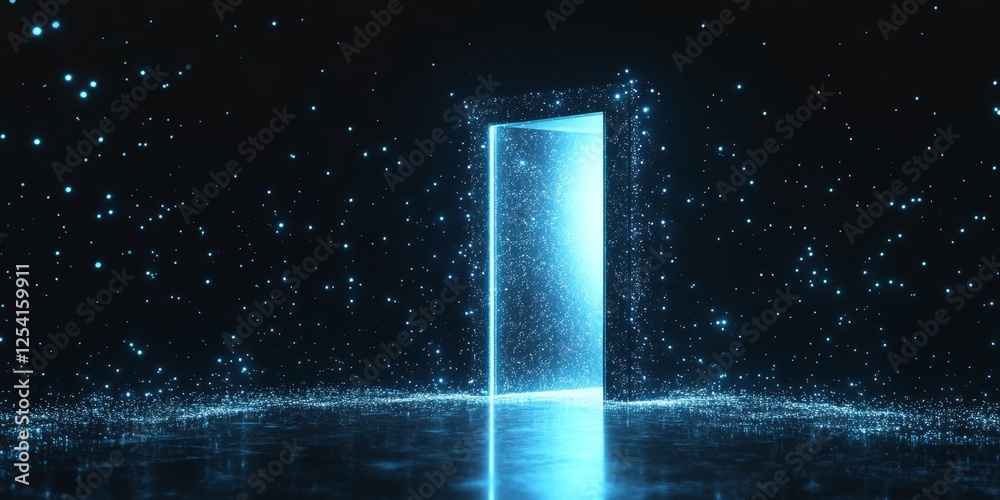 Poster glowing portal opens in dark space; digital particles