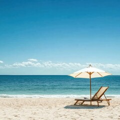 Fototapeta premium Relaxing at a serene beach with a lounge chair and umbrella under a clear blue sky. Generative AI