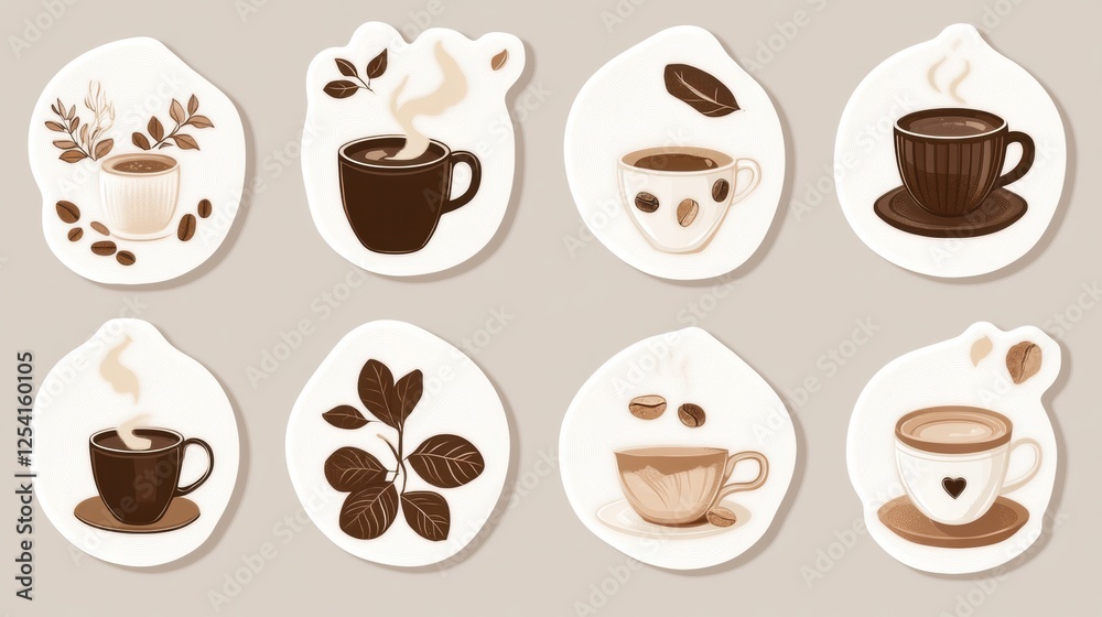 Poster stickers featuring diverse coffee cups and beans in a charming design. generative ai