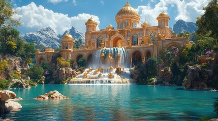 Naklejka premium A majestic palace with waterfalls surrounded by lush greenery and mountains.
