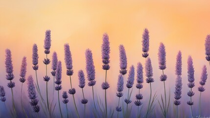 Lavender field painting with soft pastel hues and a warm sunset glow