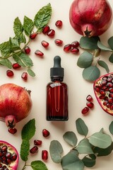 Top-down view of natural pomegranate mint serum fresh skincare photography