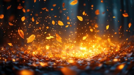 A vibrant scene of swirling autumn leaves illuminated by glowing embers in a forest setting.
