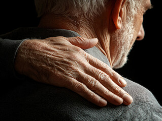 Hand resting on the back of an elderly person giving moral support. Generative AI.