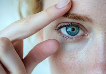Close-up of a blonde girl's blue eye with freckles. Generative AI.