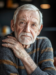 Portrait of an elderly man wearing a grey sweater and dark background looking straight ahead. Generative AI.