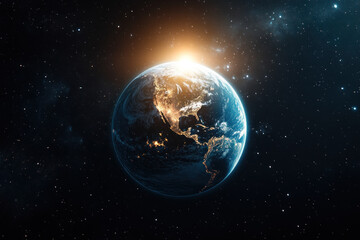 Earth suspended in space, surrounded by stars and vibrant nebulas, creating a stunning cosmic backdrop.