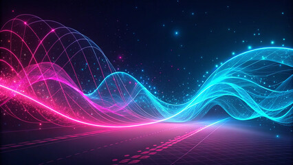 Obraz premium Neon Wave Abstract: Vivid pink and blue neon waves flow across a dark background, creating an ethereal and dynamic abstract art piece. The glowing lines shimmer with particles.
