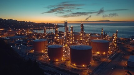 The oil terminal building, as seen from above, is an industrial backdrop designed for the storage of oil and petrochemical goods, poised for shipping to additional storage sites