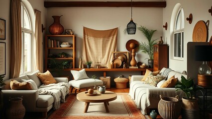 A carefully curated interior blending contemporary design with eclectic bohemian touches—soft layere