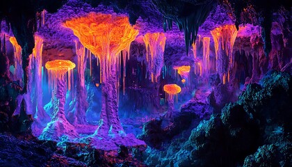 Surreal neon landscapes in digital art, creating otherworldly scenes that blend natural forms with glowing, vibrant hues.
