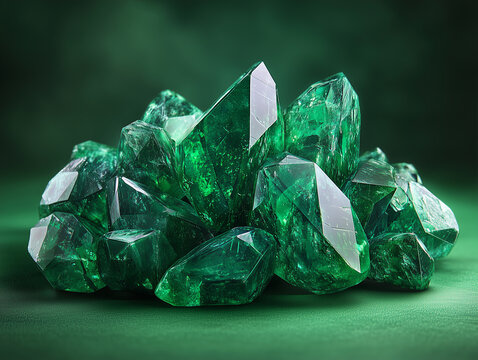 Transparent, stunning and vibrant emerald green on a green background. Saturated, shiny jewelry. Generative Ai