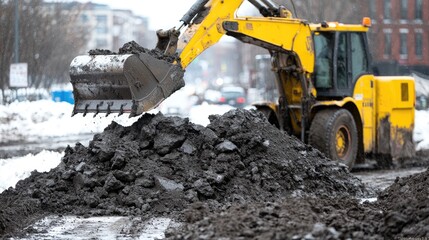 Excavator Clearing Mud on Snowy Street
