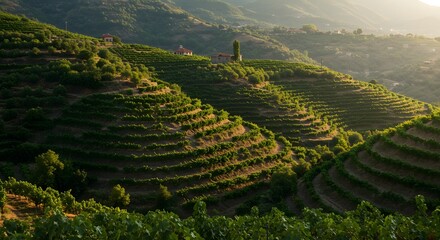 Fototapeta premium Terraced Vineyard on Rolling Hills at Golden Hour with Warm Sunlight