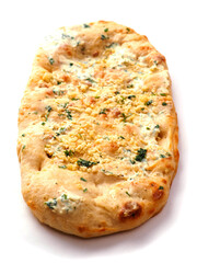 Flat sour dough bread with four cheeses on white background. Tasty food. Italian style dish with high quality ingredients, Bakery product.